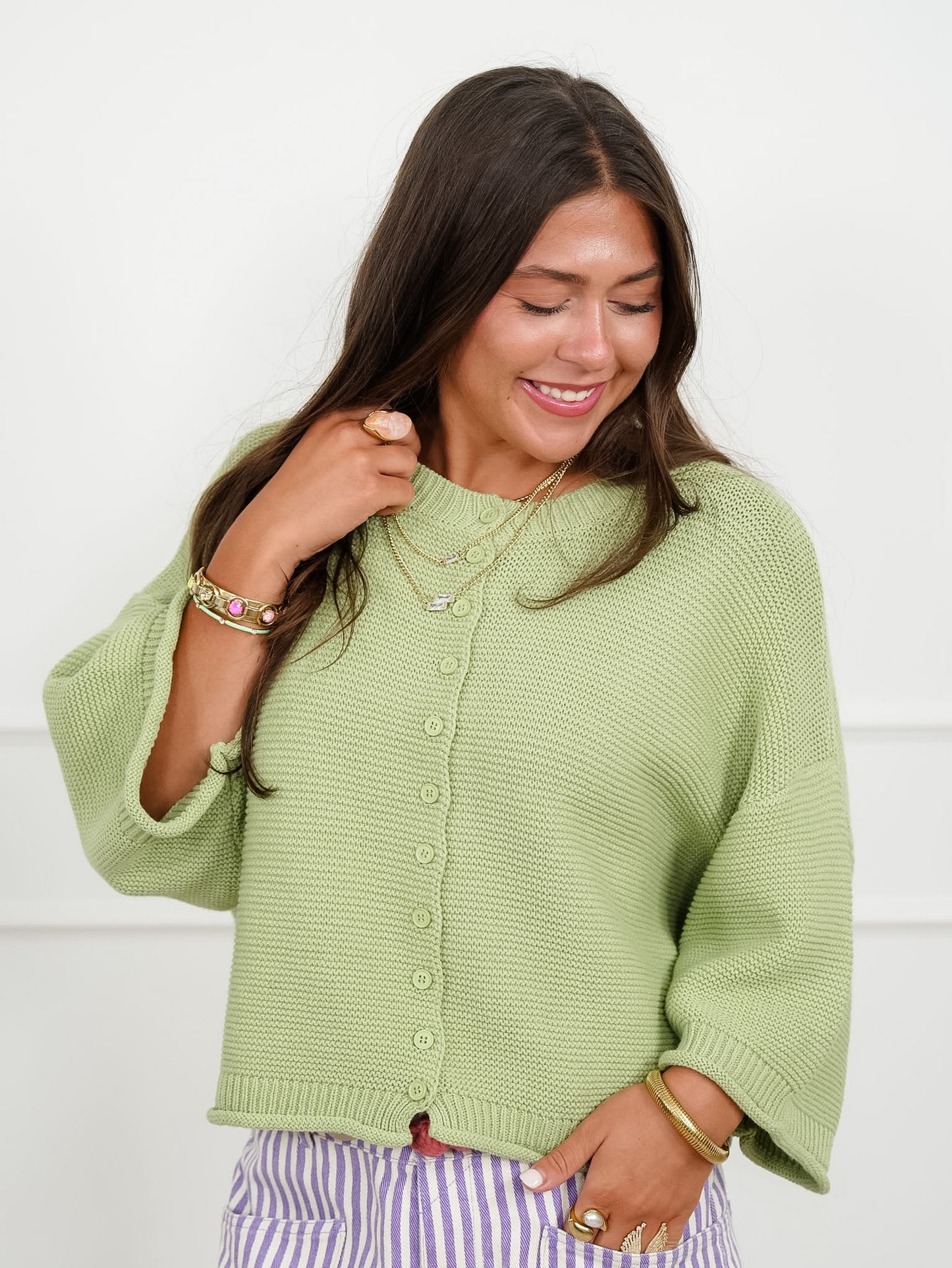 Textured 3/4 Sleeve Button Up Cardigan Sweater