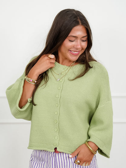 Textured 3/4 Sleeve Button Up Cardigan Sweater