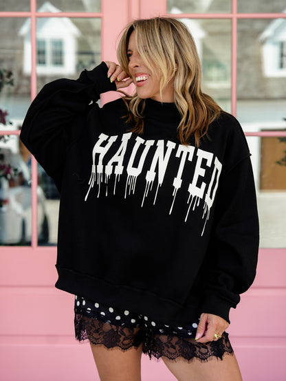 Reversible Long Sleeve Haunted/Spooky Mock Neck Graphic Sweatshirt