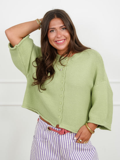 Textured 3/4 Sleeve Button Up Cardigan Sweater