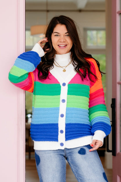 Plus/Reg Rainbow Stripe Long Sleeve Button Down Cardigan