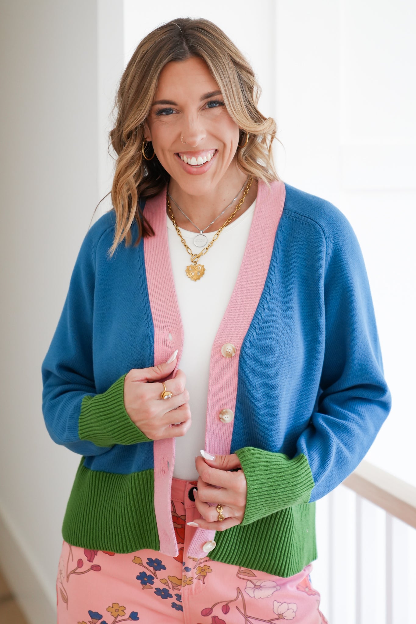 Color Block Long Sleeve Button Down Cardigan