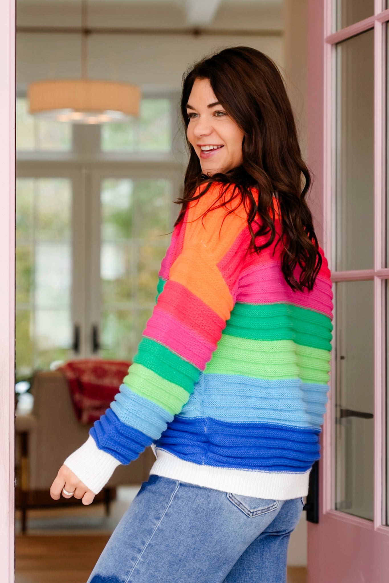 Plus/Reg Rainbow Stripe Long Sleeve Button Down Cardigan