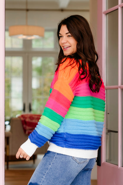 Plus/Reg Rainbow Stripe Long Sleeve Button Down Cardigan