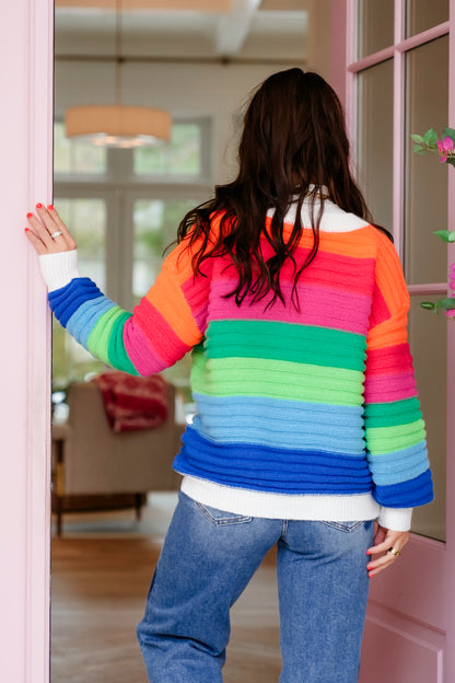 Plus/Reg Rainbow Stripe Long Sleeve Button Down Cardigan