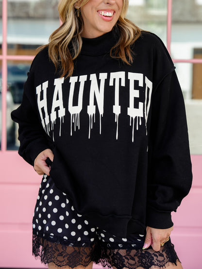 Reversible Long Sleeve Haunted/Spooky Mock Neck Graphic Sweatshirt