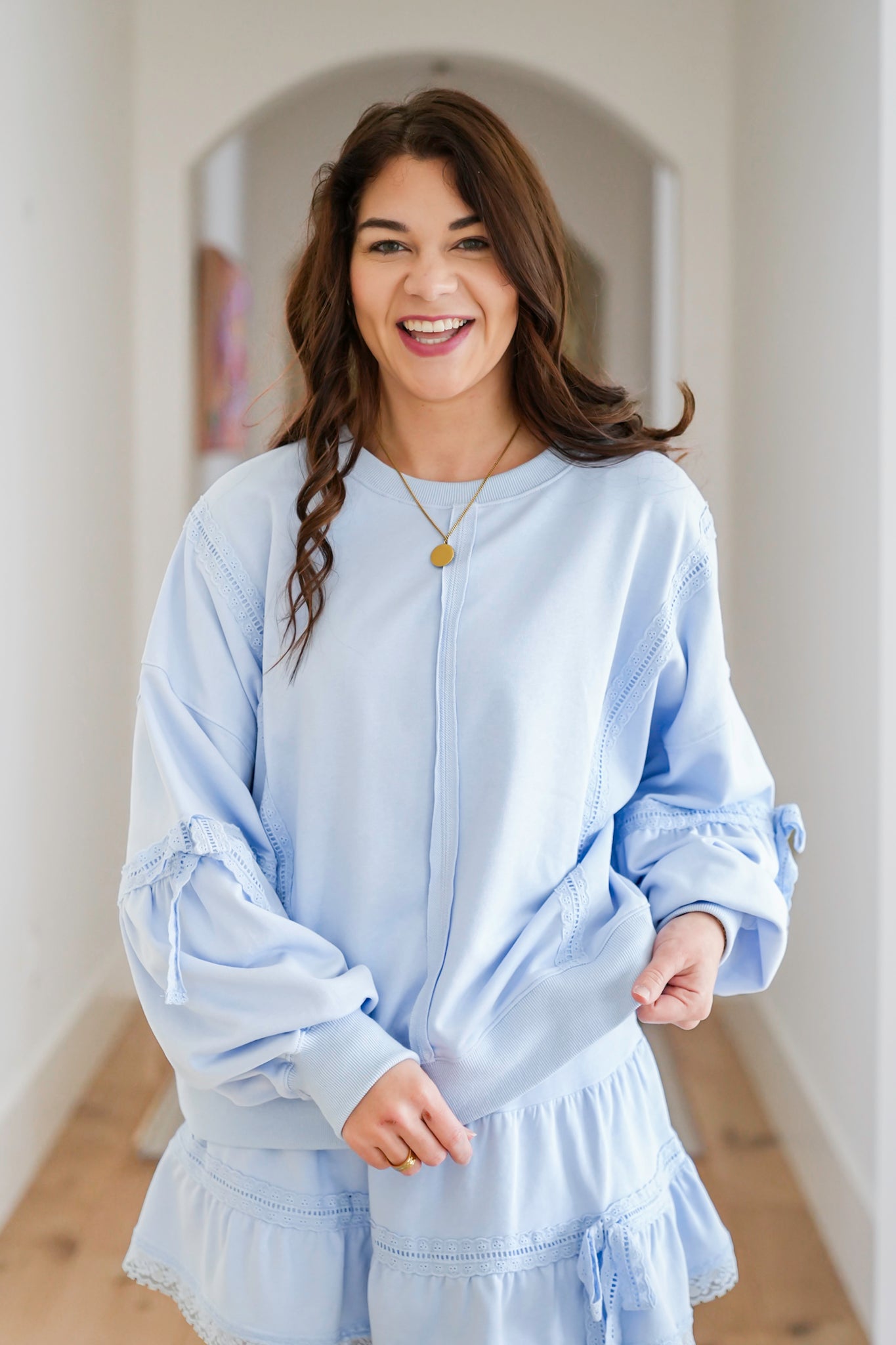 Long Sleeve Pullover Sweatshirt with Lace Trim