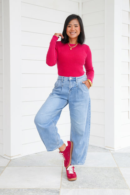 Mineral Wash Long Sleeve Waffle Knit Top