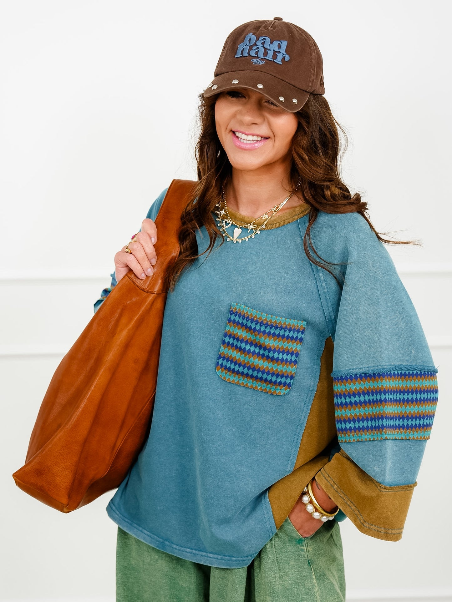 Color Block 3/4 Sleeve Top with Geometric Trim