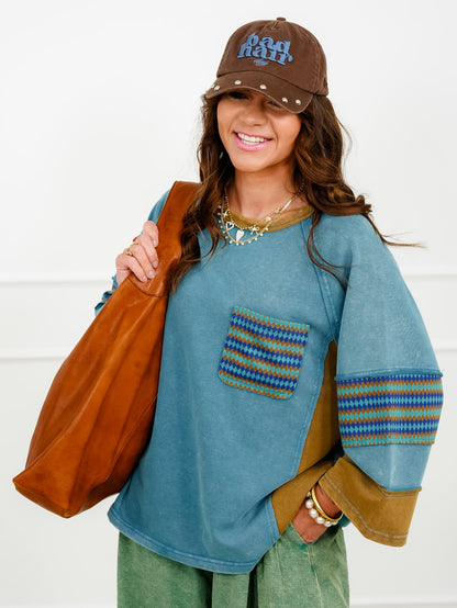 Color Block 3/4 Sleeve Top with Geometric Trim