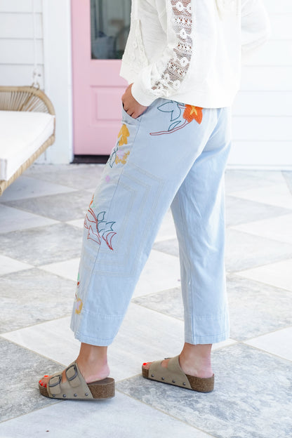 Floral Embroidered Elastic Back Pants with Rope Belt