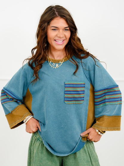 Color Block 3/4 Sleeve Top with Geometric Trim