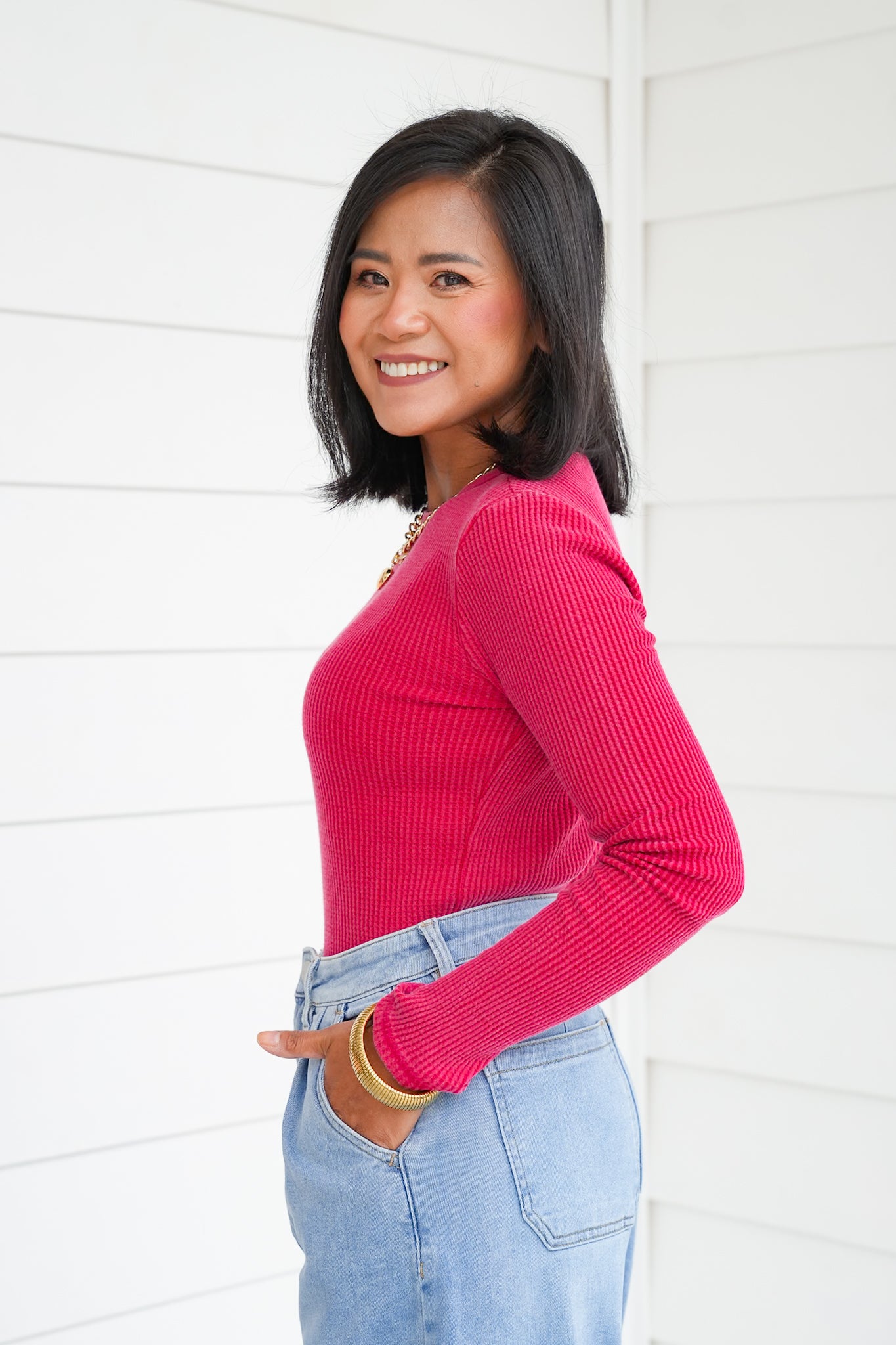 Mineral Wash Long Sleeve Waffle Knit Top
