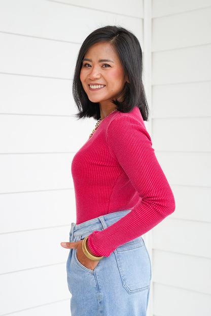 Mineral Wash Long Sleeve Waffle Knit Top