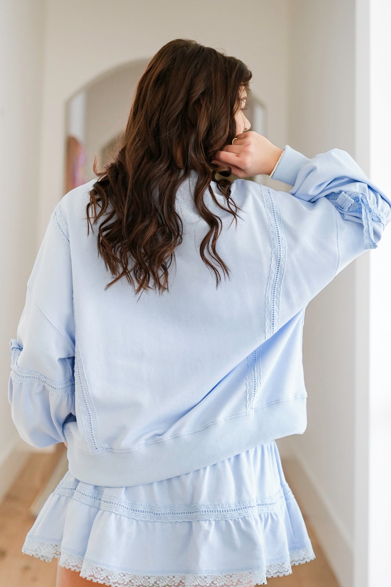 Long Sleeve Pullover Sweatshirt with Lace Trim