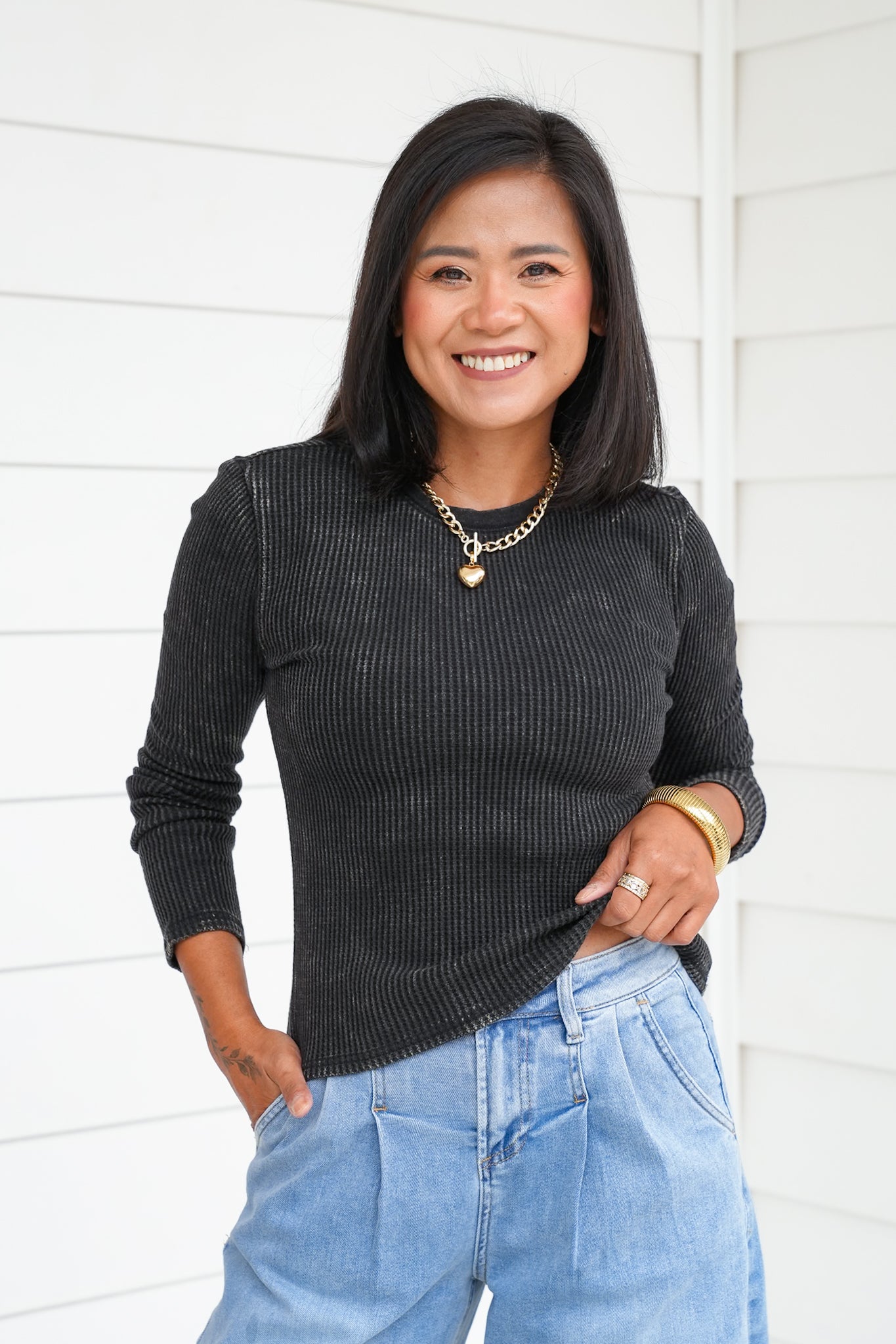 Mineral Wash Long Sleeve Waffle Knit Top