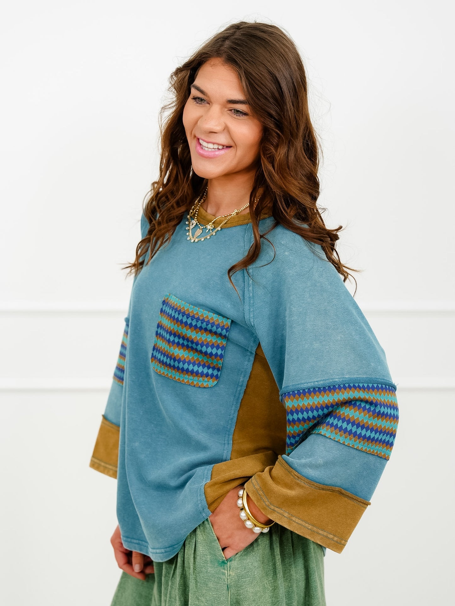 Color Block 3/4 Sleeve Top with Geometric Trim