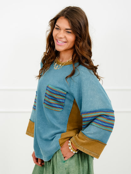 Color Block 3/4 Sleeve Top with Geometric Trim