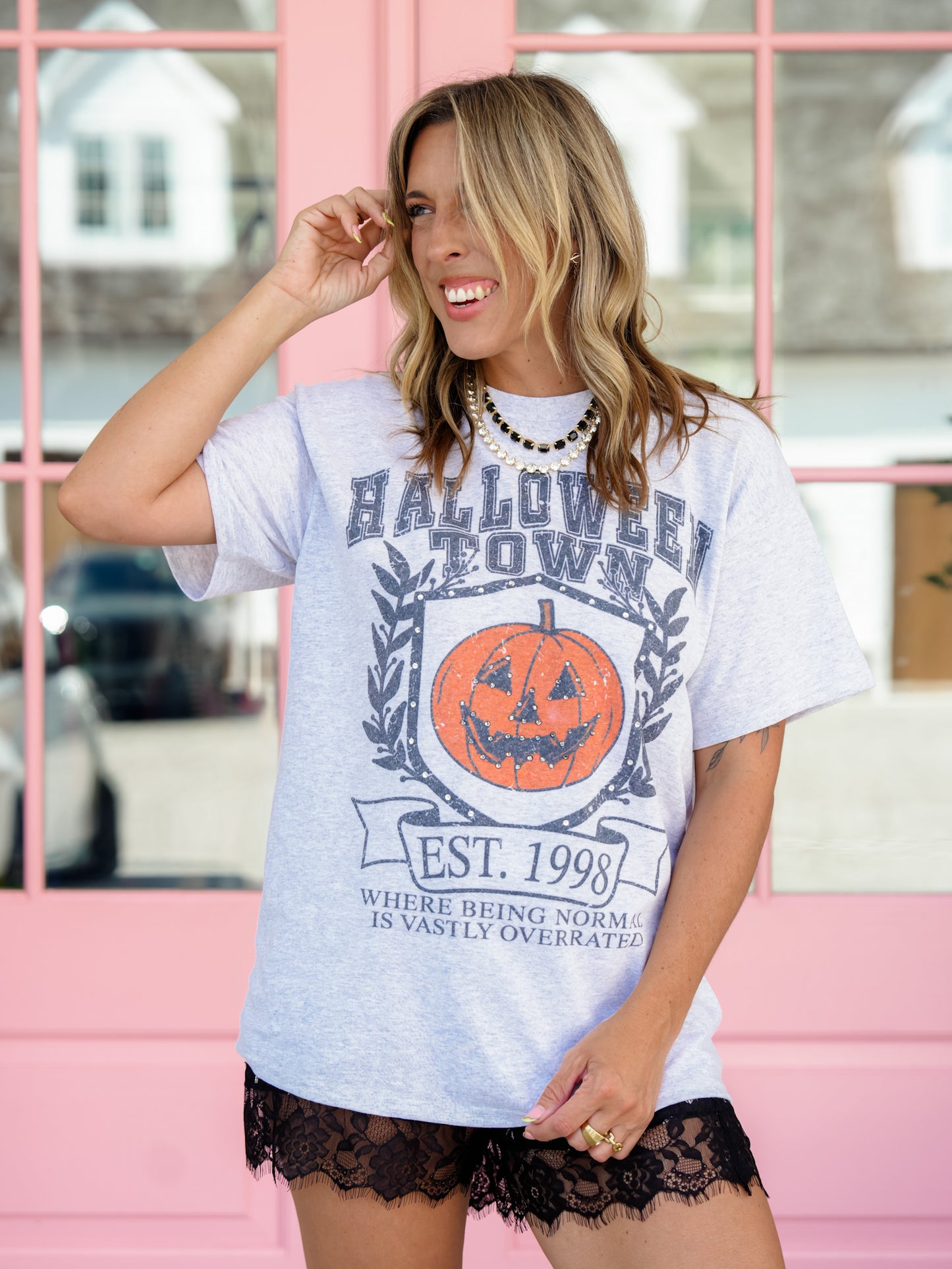 Plus/Reg Short Sleeve Halloween Town Graphic Tee with Rhinestone Accent