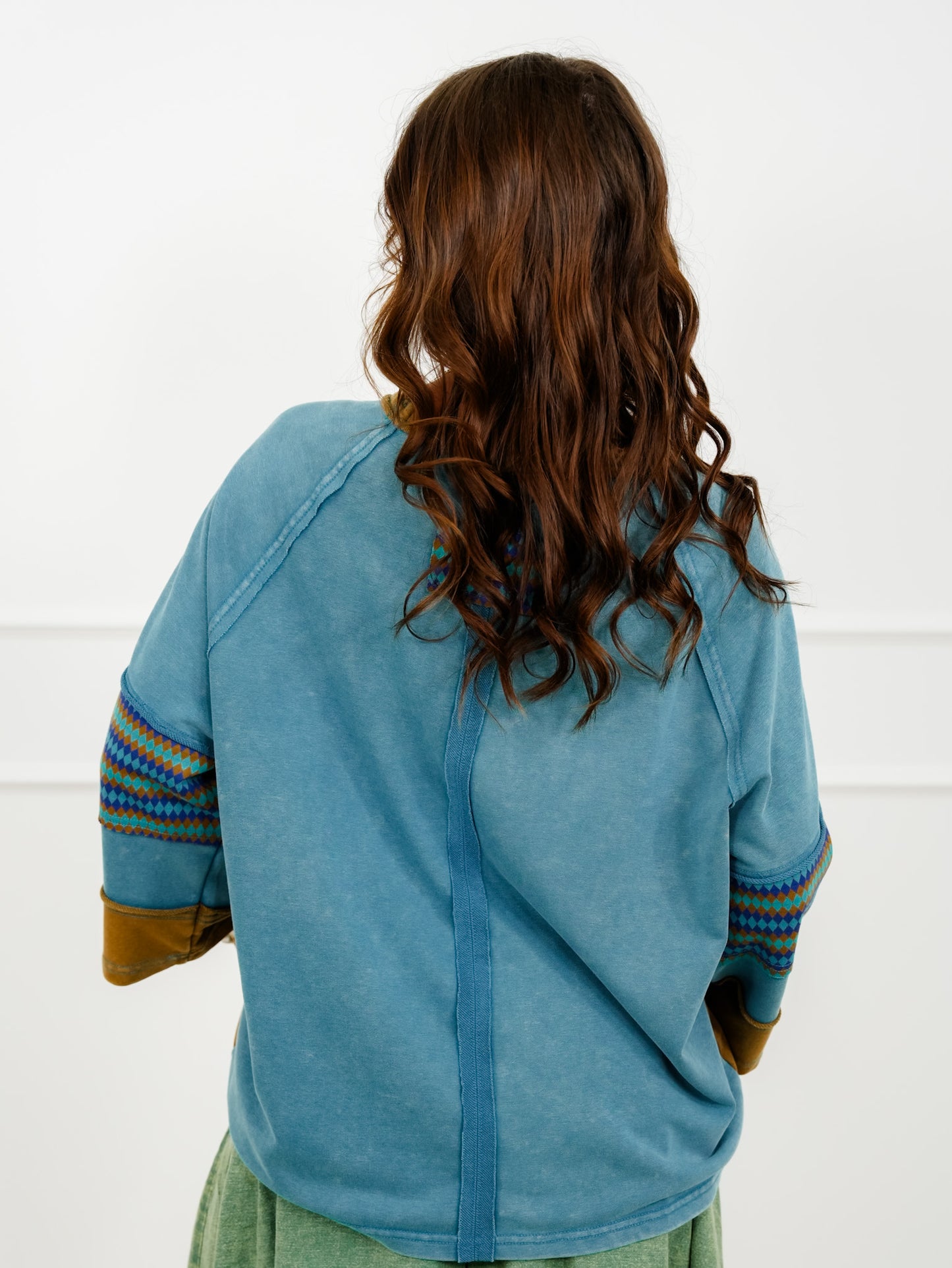 Color Block 3/4 Sleeve Top with Geometric Trim