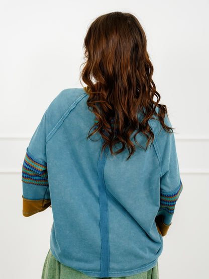 Color Block 3/4 Sleeve Top with Geometric Trim