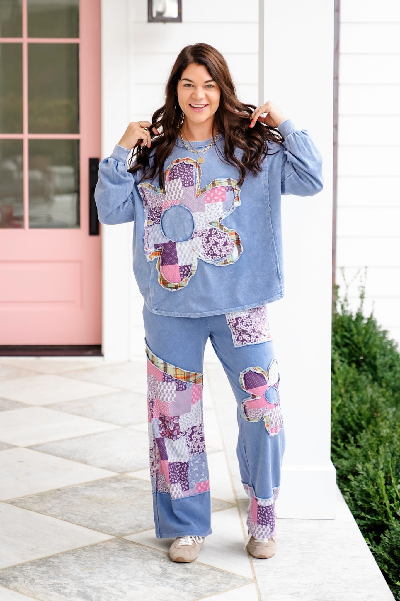 Mineral Washed Long Sleeve Sweatshirt with Patchwork