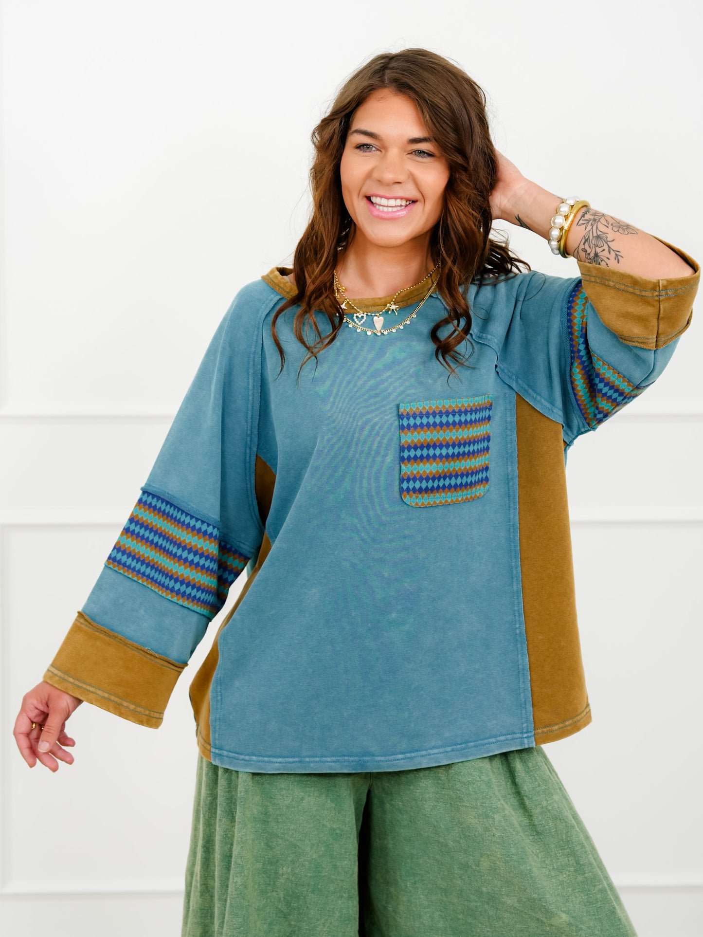 Color Block 3/4 Sleeve Top with Geometric Trim