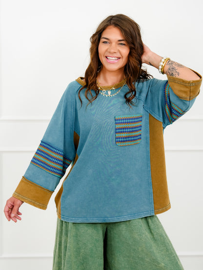 Color Block 3/4 Sleeve Top with Geometric Trim