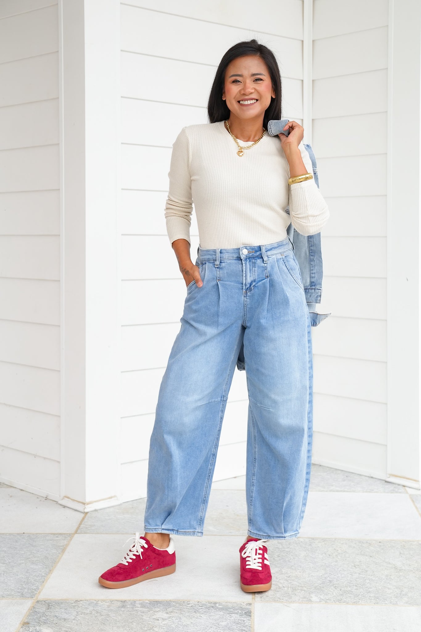 Mineral Wash Long Sleeve Waffle Knit Top