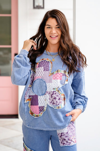 Mineral Washed Long Sleeve Sweatshirt with Patchwork