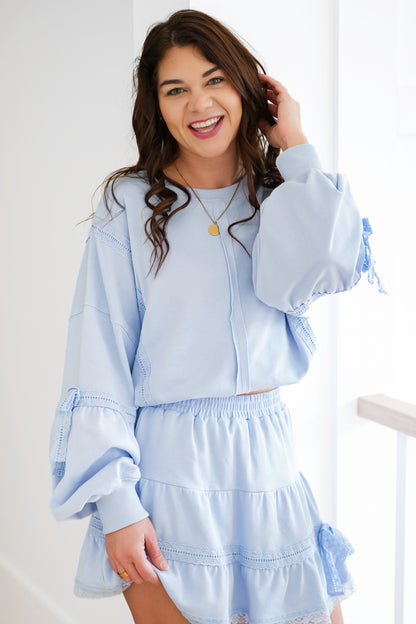 Long Sleeve Pullover Sweatshirt with Lace Trim