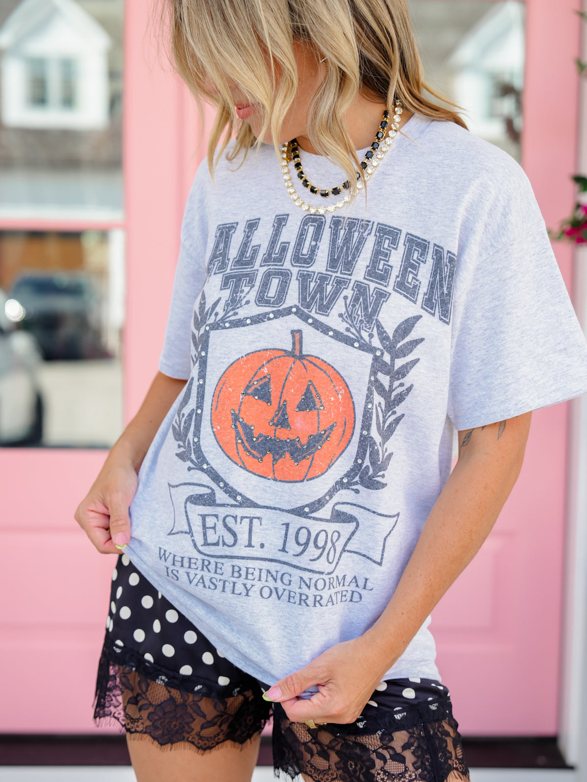 Plus/Reg Short Sleeve Rhinestone Studded "Halloween Town" Graphic Tee - Freckled Poppy