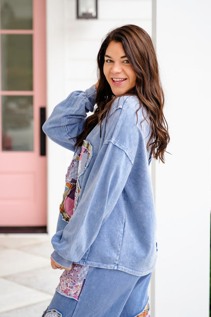 Mineral Washed Long Sleeve Sweatshirt with Patchwork