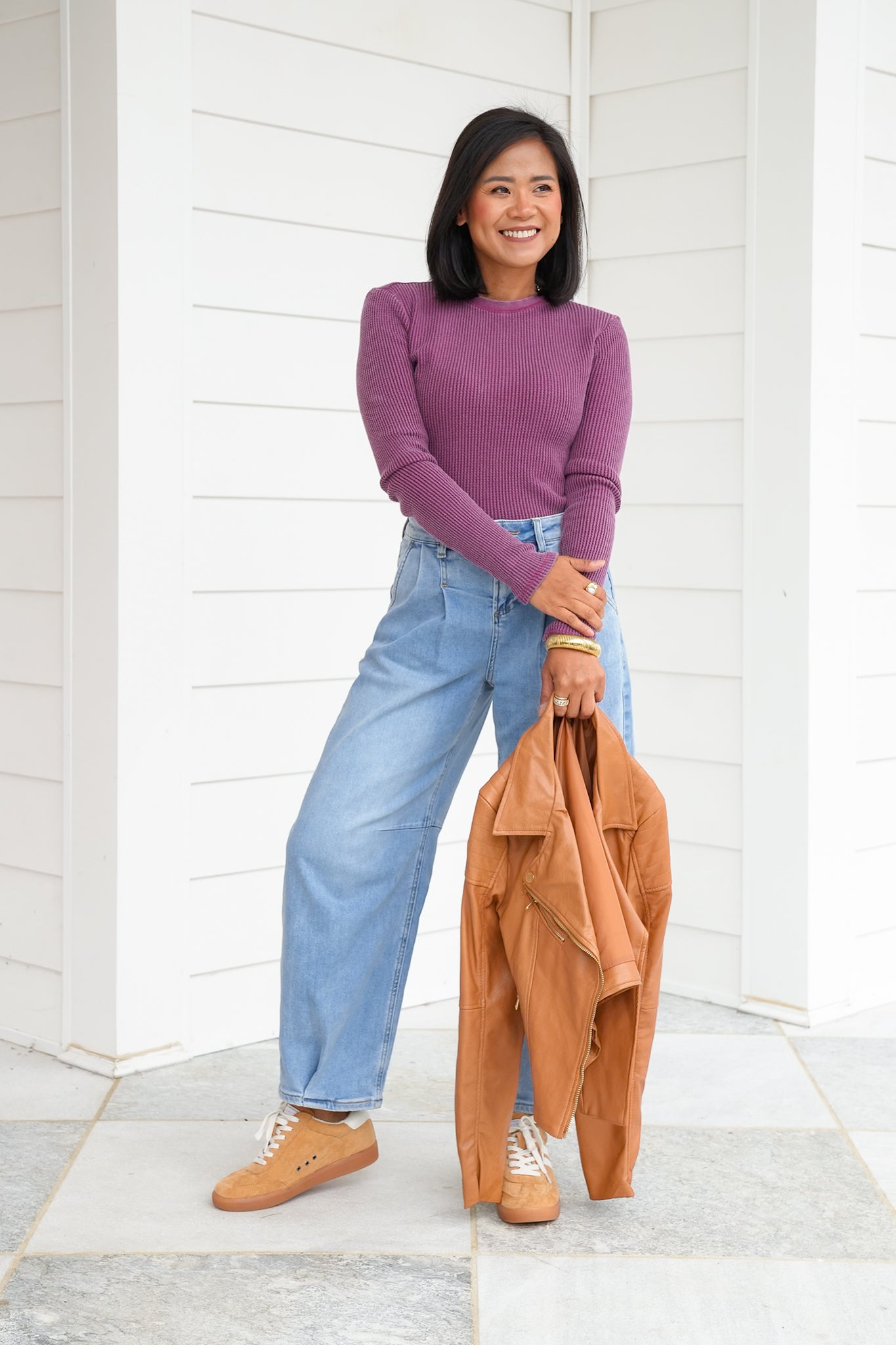 Mineral Wash Long Sleeve Waffle Knit Top