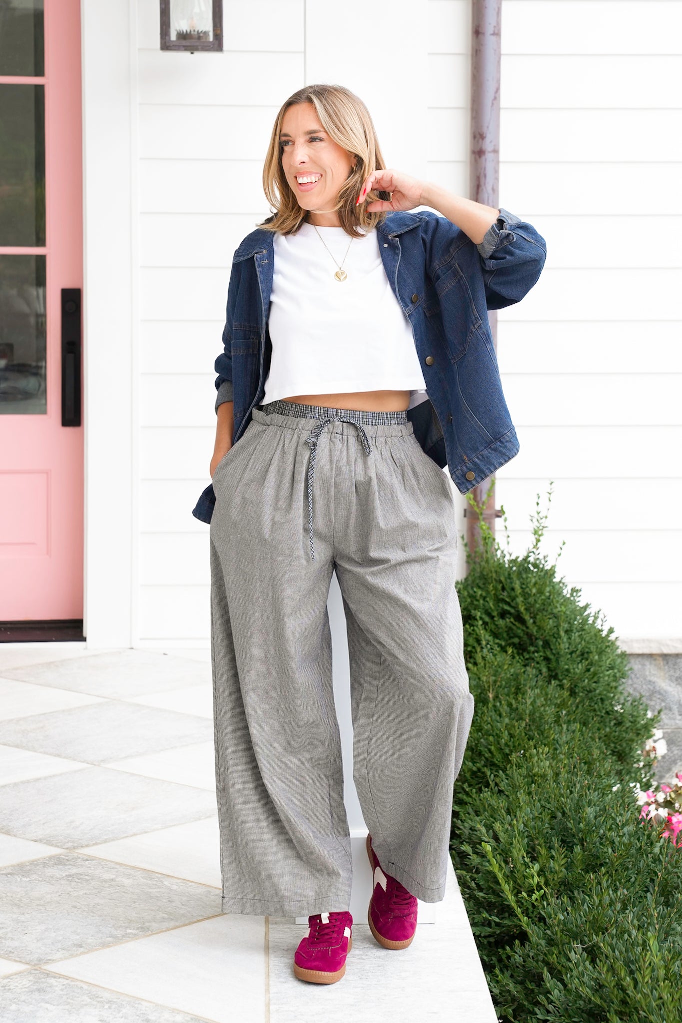 Checkered Elastic Waist Pants with Plaid Accent