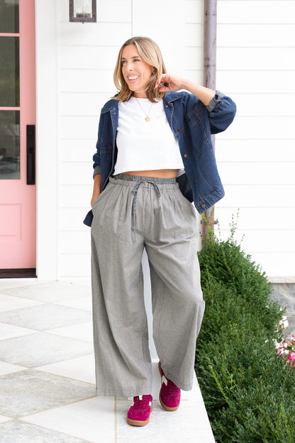 Checkered Elastic Waist Pants with Plaid Accent