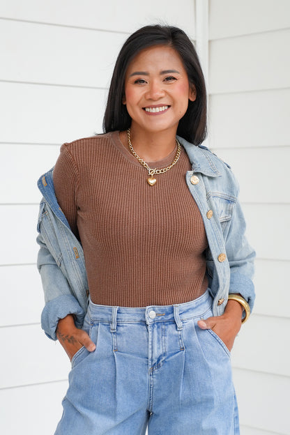 Mineral Wash Long Sleeve Waffle Knit Top