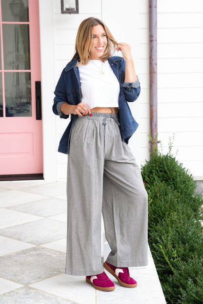 Checkered Elastic Waist Pants with Plaid Accent