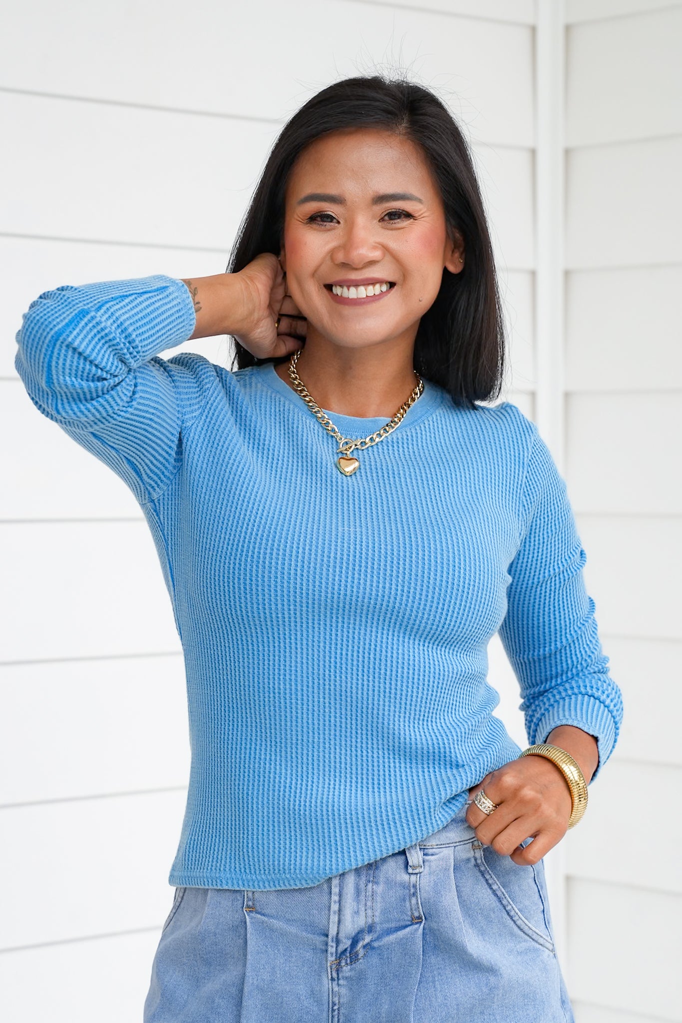 Mineral Wash Long Sleeve Waffle Knit Top
