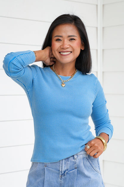 Mineral Wash Long Sleeve Waffle Knit Top