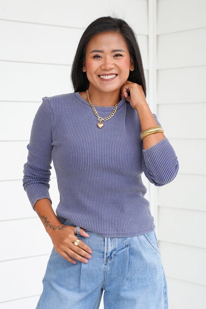 Mineral Wash Long Sleeve Waffle Knit Top