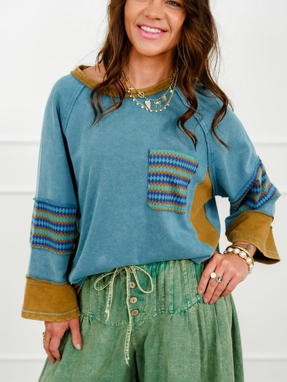 Color Block 3/4 Sleeve Top with Geometric Trim