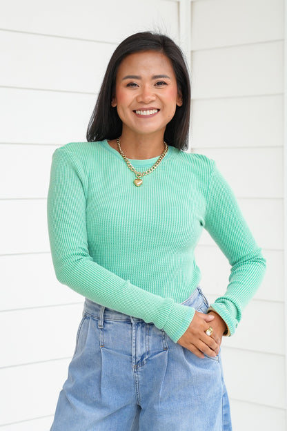 Mineral Wash Long Sleeve Waffle Knit Top