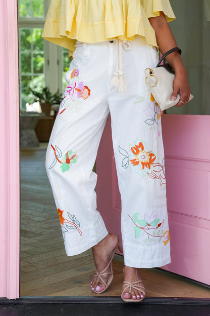 Floral Embroidered Elastic Back Pants with Rope Belt