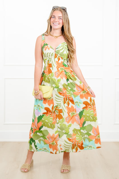 Tropical Print Sleeveless Midi Dress