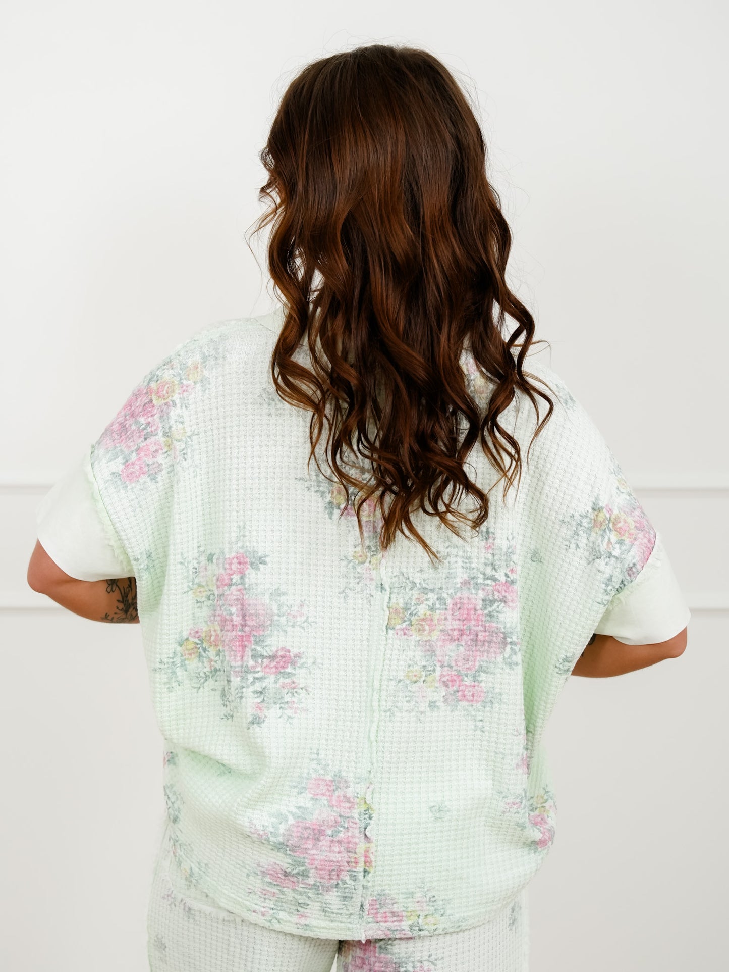 Mint Floral Waffle Knit Short Sleeve V Neck Top