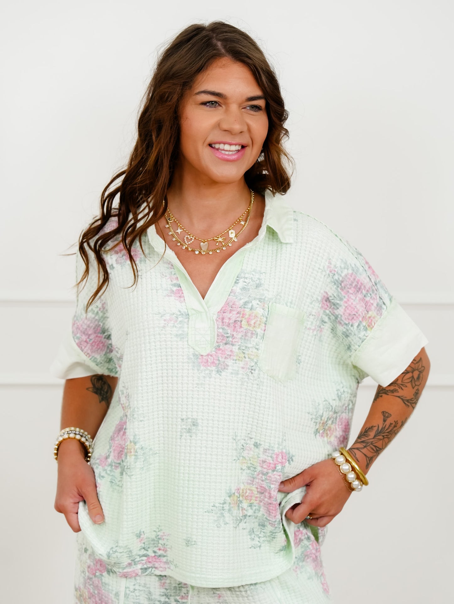 Mint Floral Waffle Knit Short Sleeve V Neck Top