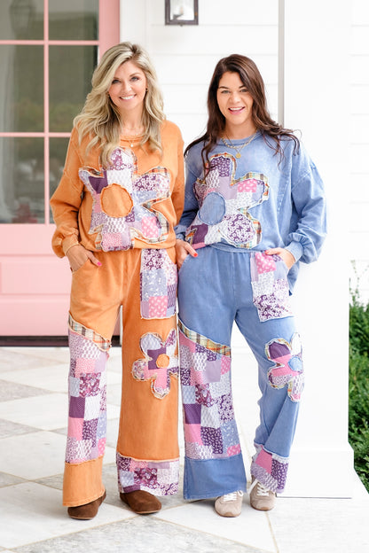 Mineral Washed Long Sleeve Sweatshirt with Patchwork