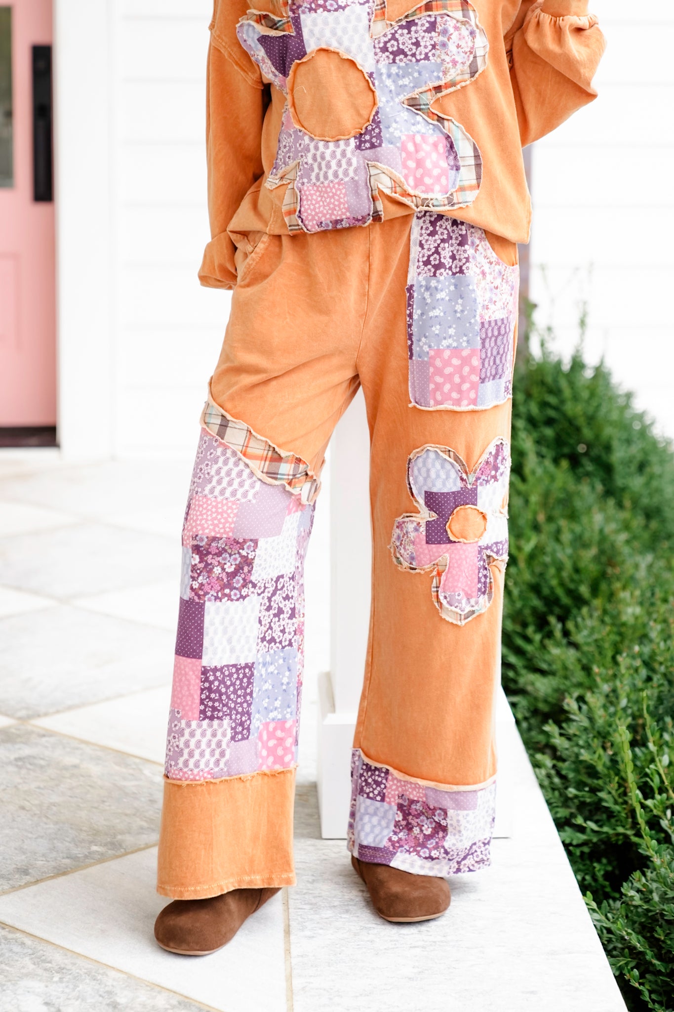 Mineral Washed Elastic Waist Pant with Patchwork