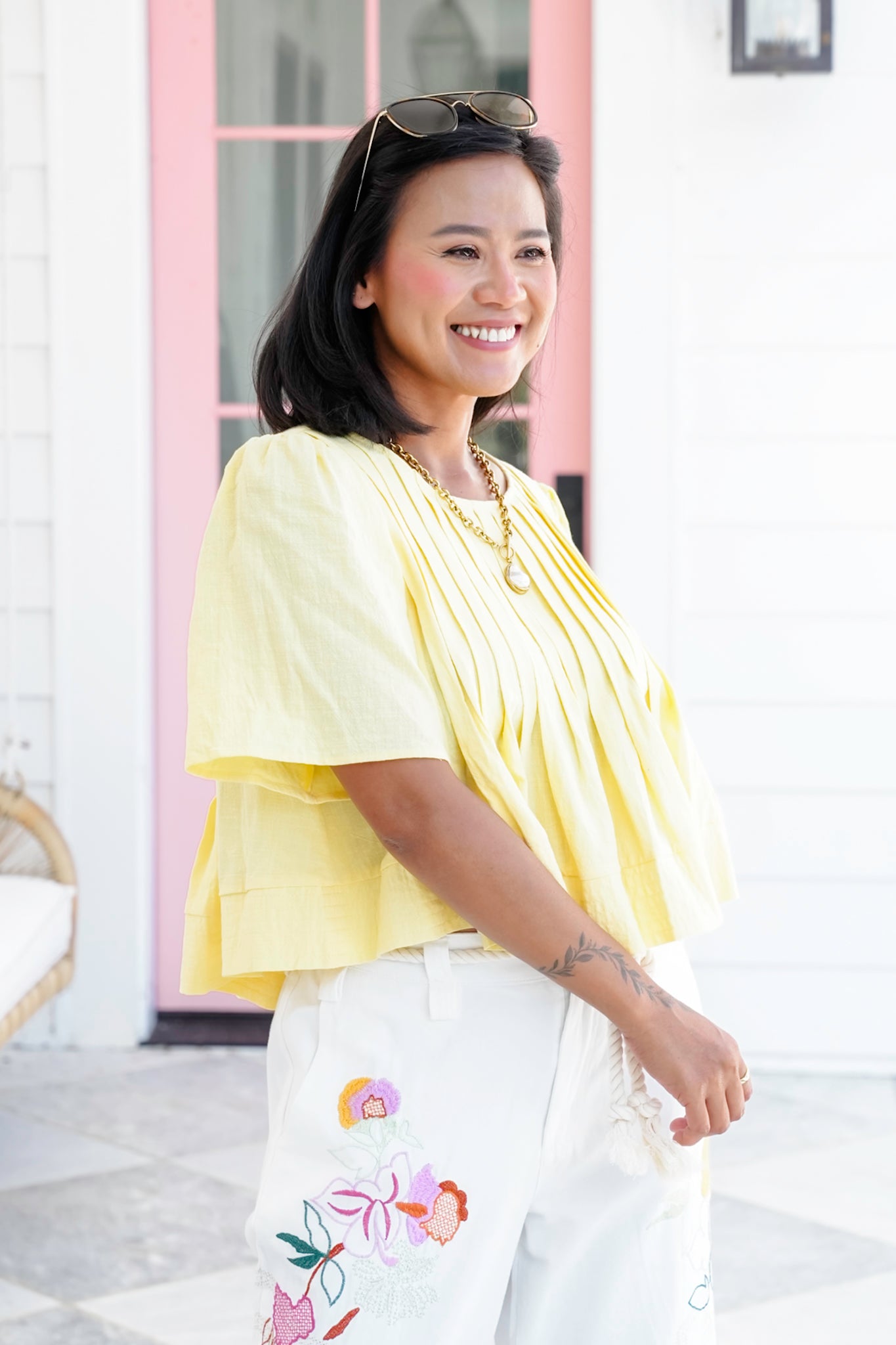 Short Sleeve Round Neck Top with Pintuck Detail